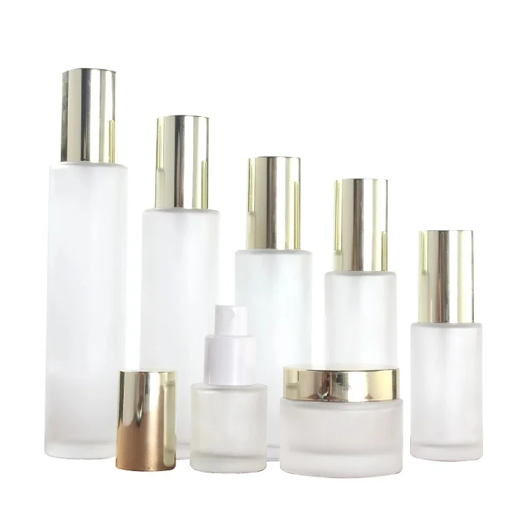 Wholesale package set 20ml to 120ml bottle 30g 50g jar glass cosmetic bottles and jars with light gold cap