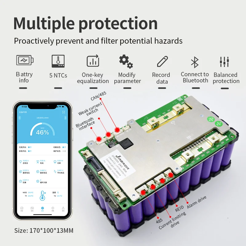 JBD Automatic Identify 8S-24S 17S 20S 21S 24S 60V 72V 84V 40A 60A 100A 150A 200A LiFePO4 Li-ion Smart BMS with UART 485 CAN NTC