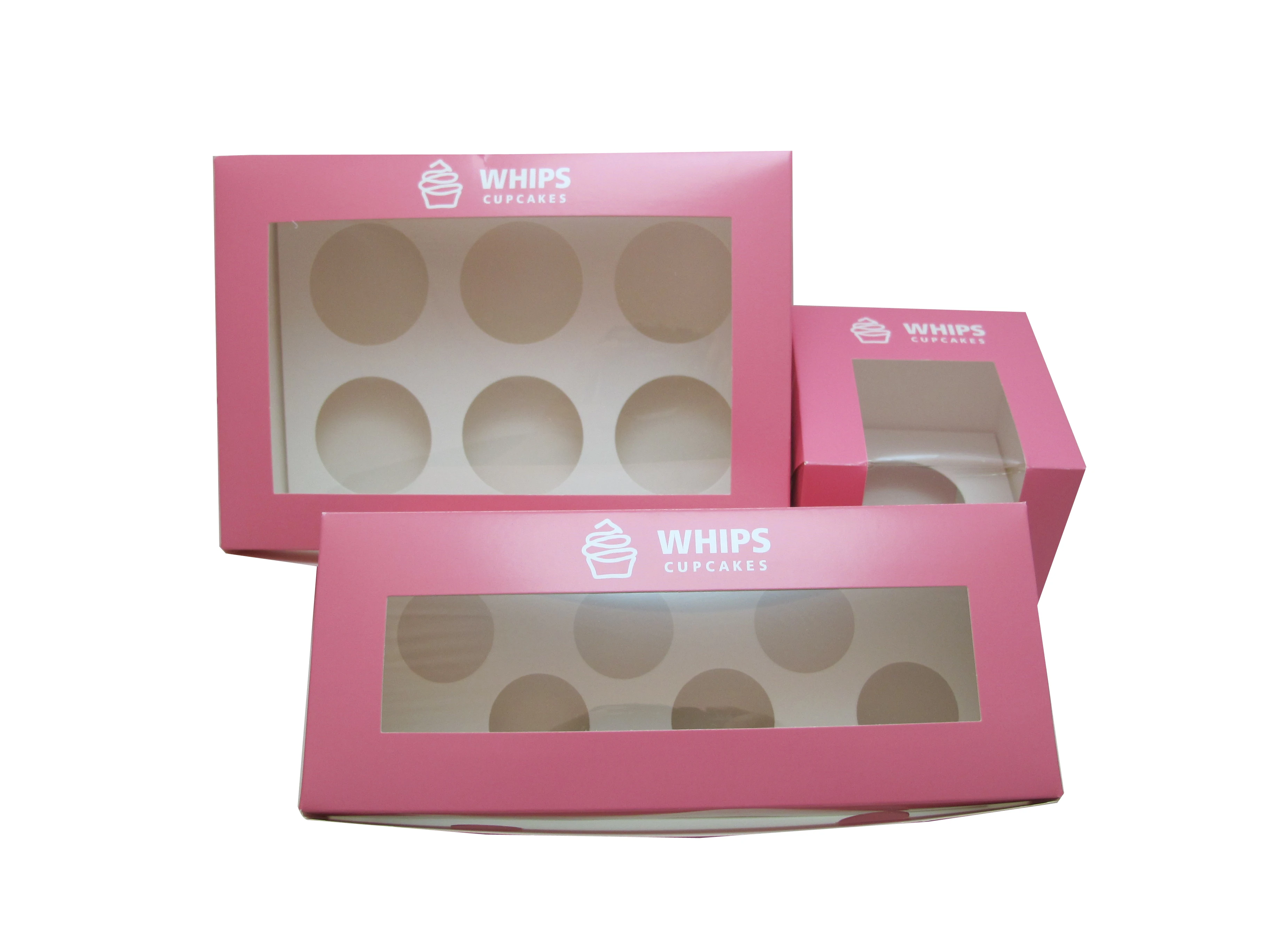 set pink cupcake box with clear window and paper bag