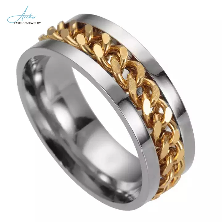 Fashion Silver Titanium Ring Adjustable Chain Punk Anniversary Gift for Men Gold Color Stylish Jewelry for Couples