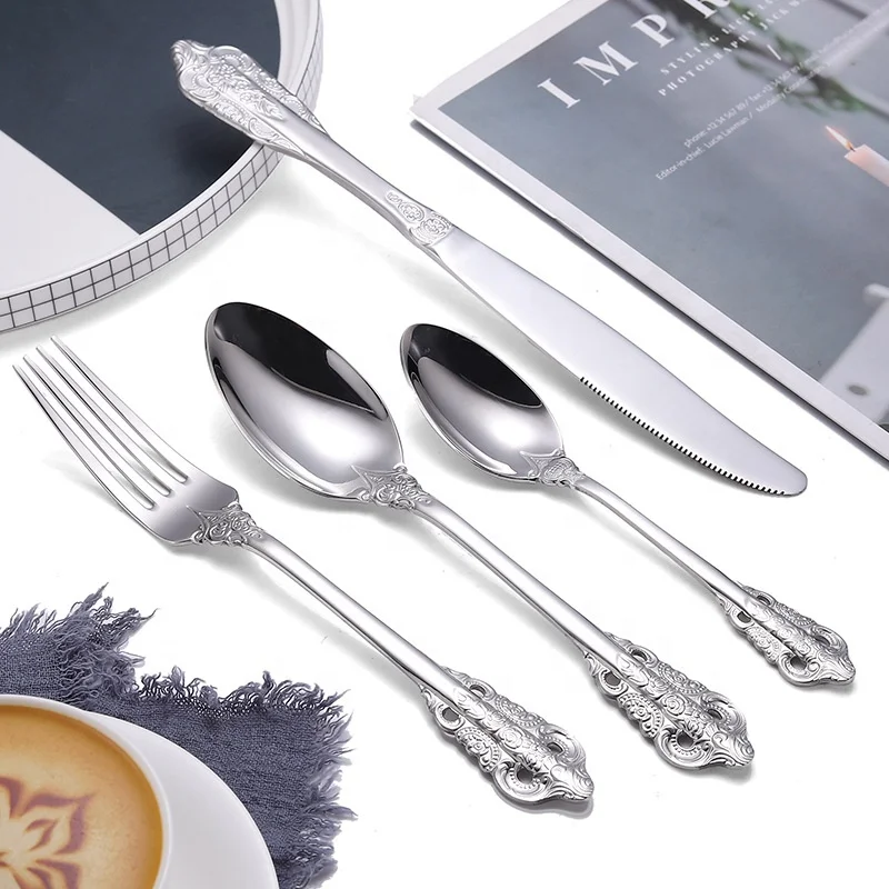 High end vintage luxury forks knife and spoons food grade royal stainless steel cutlery silver gold flatware sets