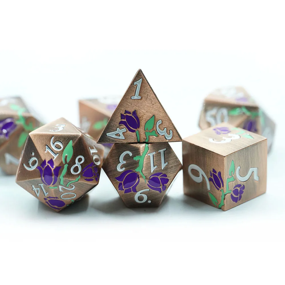 Best Selling copper Multiple Colors Durable Antique Dnd Metal flower Dice Set For Dnd Games