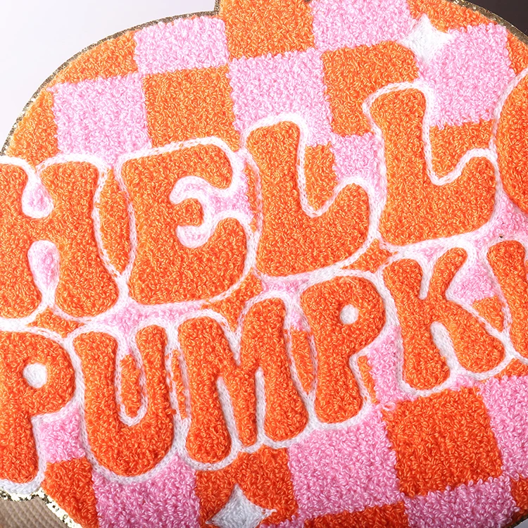 Custom large chenille patches low MOQ Halloween big iron on gold glitter orange checked Hello pumpkin chenille patches for women