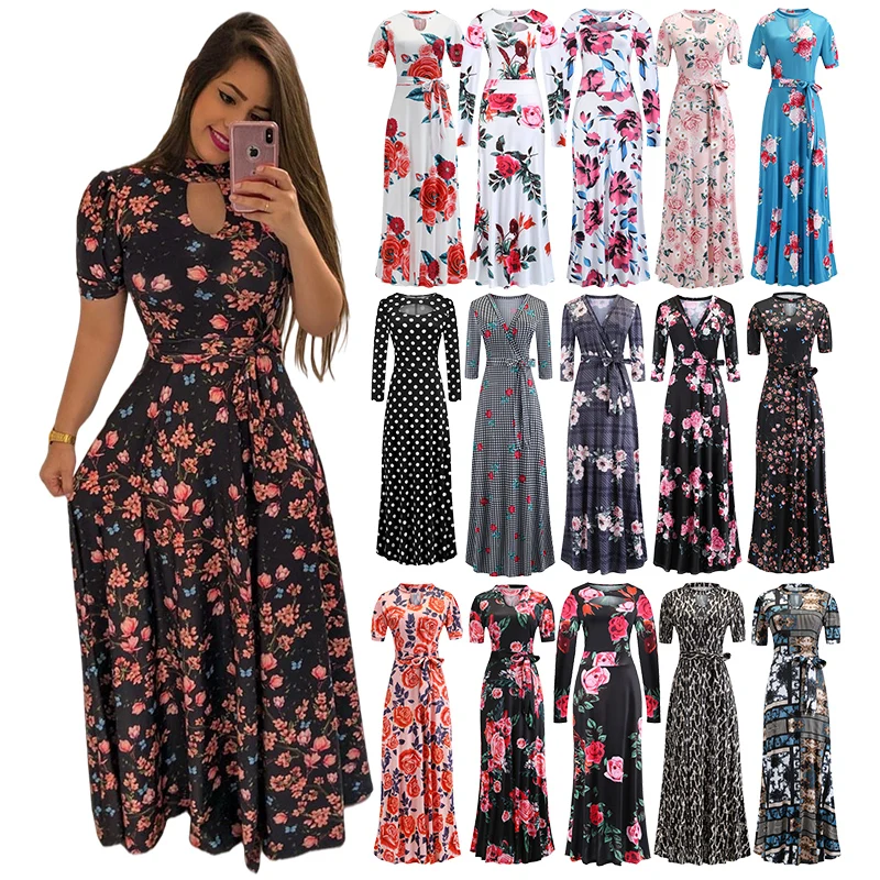 Women clothes 2021 Long Short Sleeve Ladies Dress Floral Print Maxi Dress Turtleneck Bandage Elegant Casual Dresses
