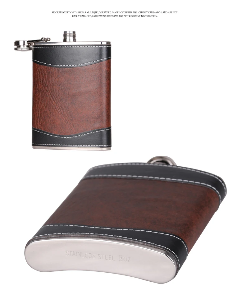 8 Oz Pocket Leather Wrapped Stainless Steel Hip Flask Brown Flasks For Liquor And Funnel