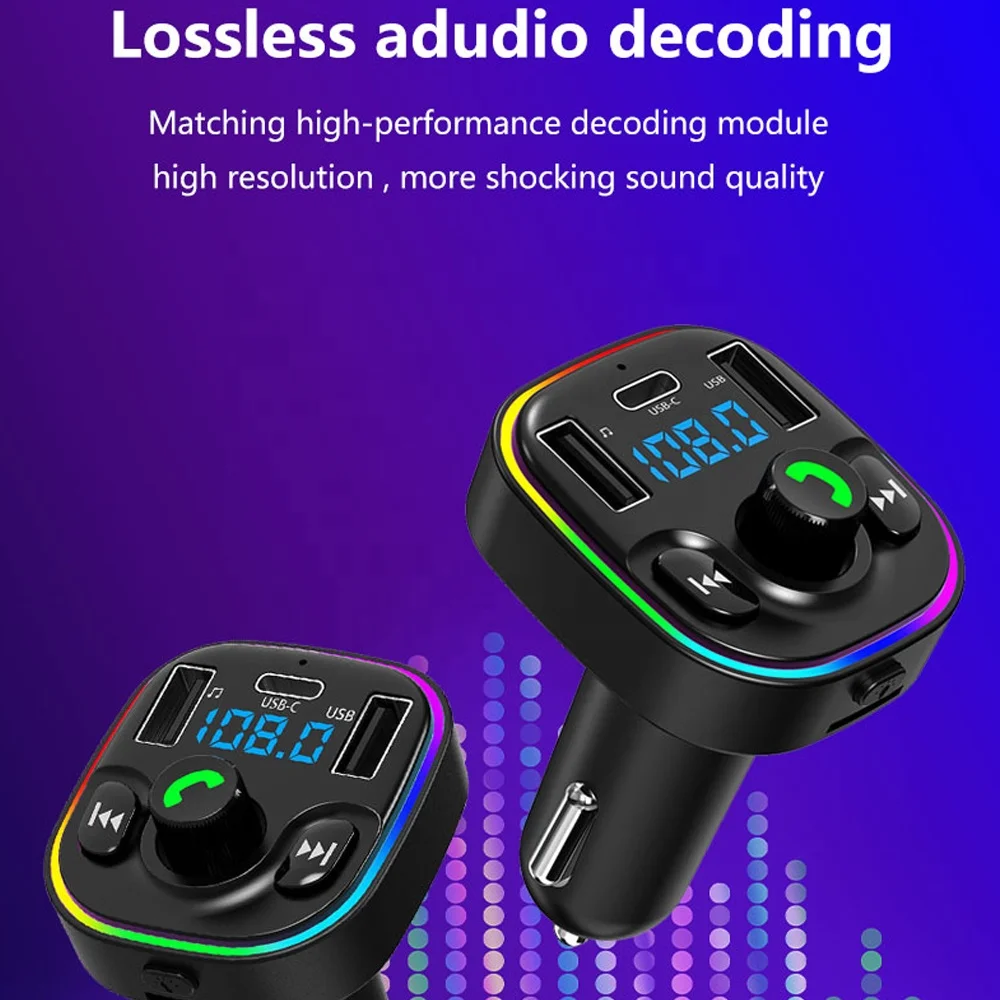 Автомобильный MP3-плеер Bluetooth 5,0, FM-передатчик, беспроводной радиоадаптер, музыкальный плеер, автомобильный комплект с 2 USB 1 PD, светодиодной подсветкой
