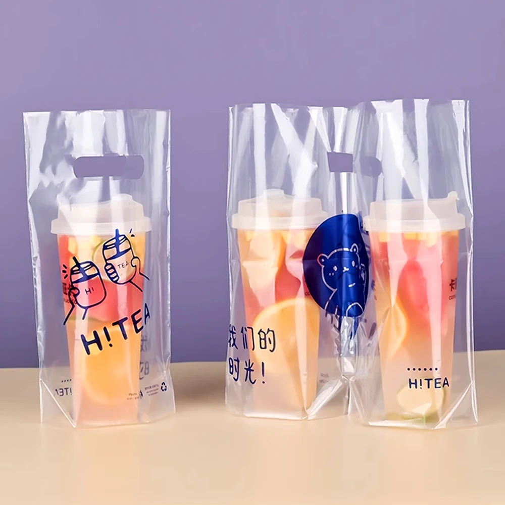 Custom Bubble Tea Shop Cup bag Printed Logo Coffee Takeout Paper Bag Sealing film
