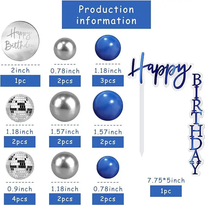 Acrylic Happy Birthday Cake Black Gold Blue Disco Decorated Spherical Cake for Baby Kids and Adults Party Supplies