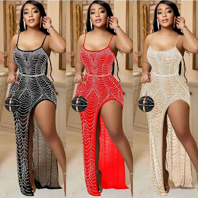 Womens Glitter Rhinestone Mesh Bodycon Evening Dress Shoulder Strap Chest Cocktail Party Long Dresses Clubwear