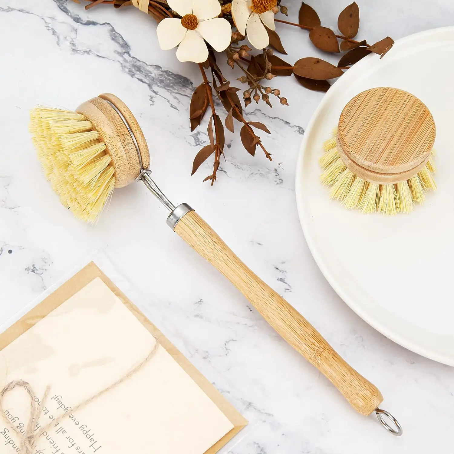 Bamboo Dish Brush with 4 Replacement Heads Eco Friendly Products Natural Dish Scrub Brush Durable Cleaning Brush Set