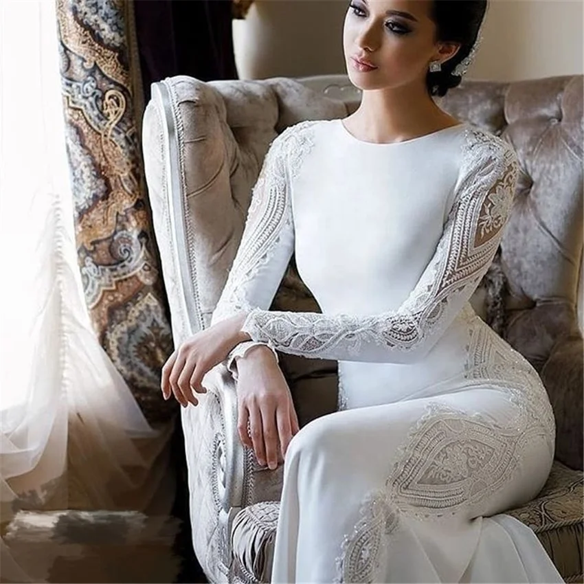 Gorgeous Long Sleeve Lace Satin Wedding Dress Sheath Reception Bridal Gown Plus Size