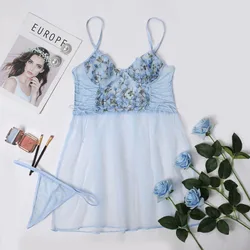 2022 New Product Floral Embroidery Sling Nightdress Thong Two-piece See-through Mesh Sexy Lingerie Night Suit for Women