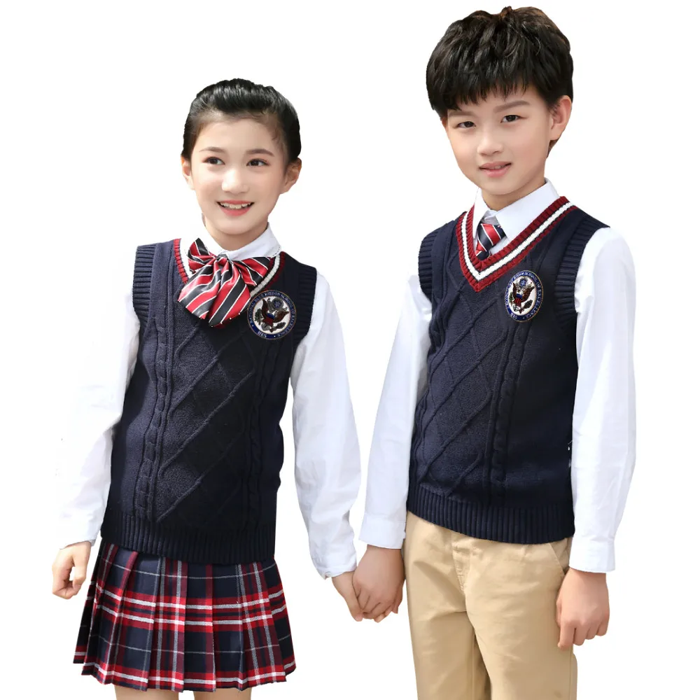 Best sale  cheap custom student 3-18Y children navy kids school v-neck uniform sweater