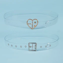 2PCS Fully Clear Belts Female Silver Square Pin Buckle And Gold Heart Pin Buckle PVC Plastic Transparent Belts