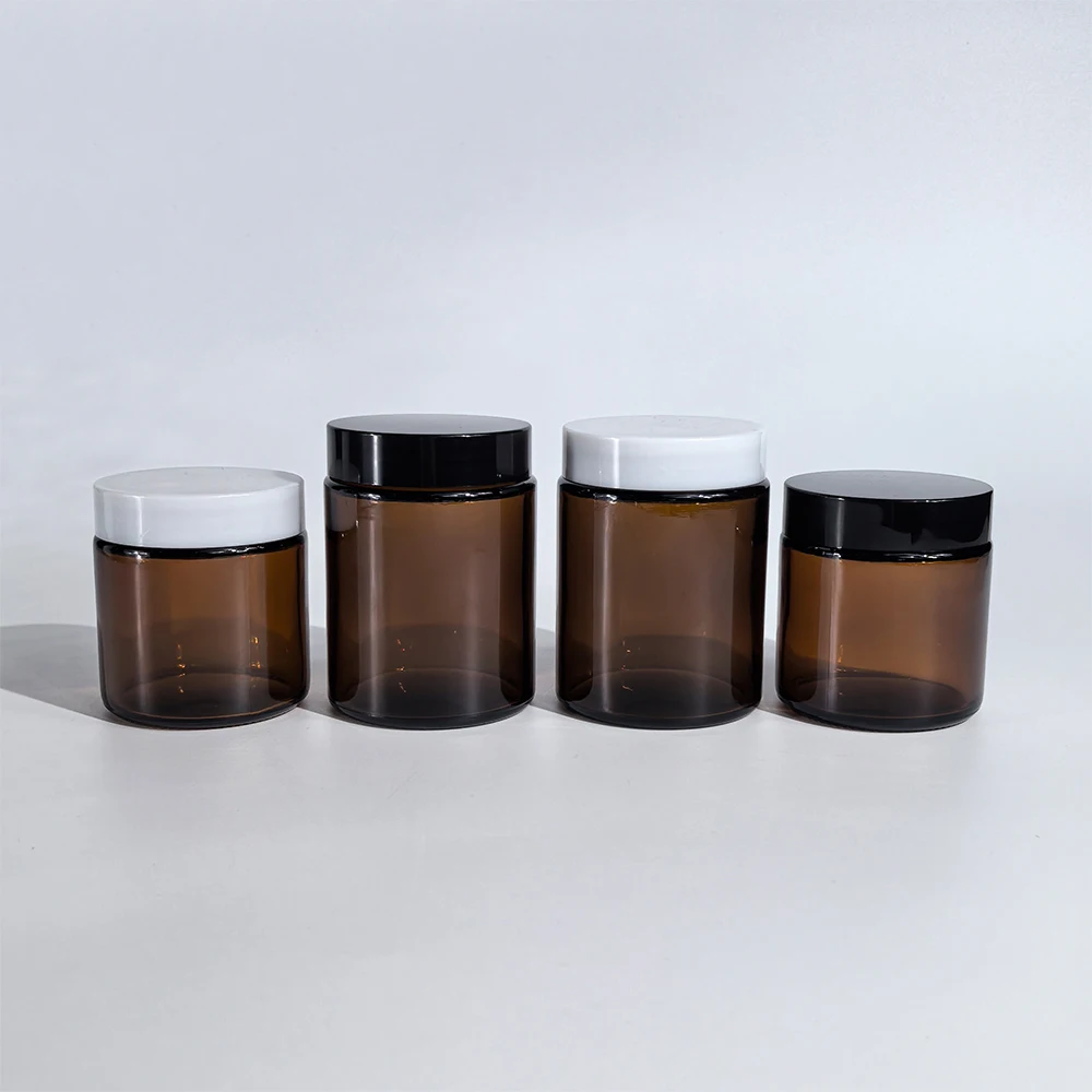 Wholesale 1 oz 2 oz 8 oz Empty Cosmetic Cream Jars 500ml 100 ml 150 ml 250 ml Wide Mouth Brown Amber Glass Jar With Lid