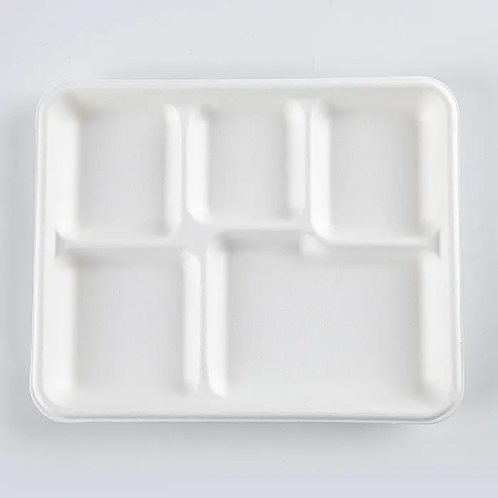 100% Natural 5 Compartment Disposable Sugar Cane Fiber Plates Eco-friendly Square Sugarcane Bagasse Tableware Food Tray