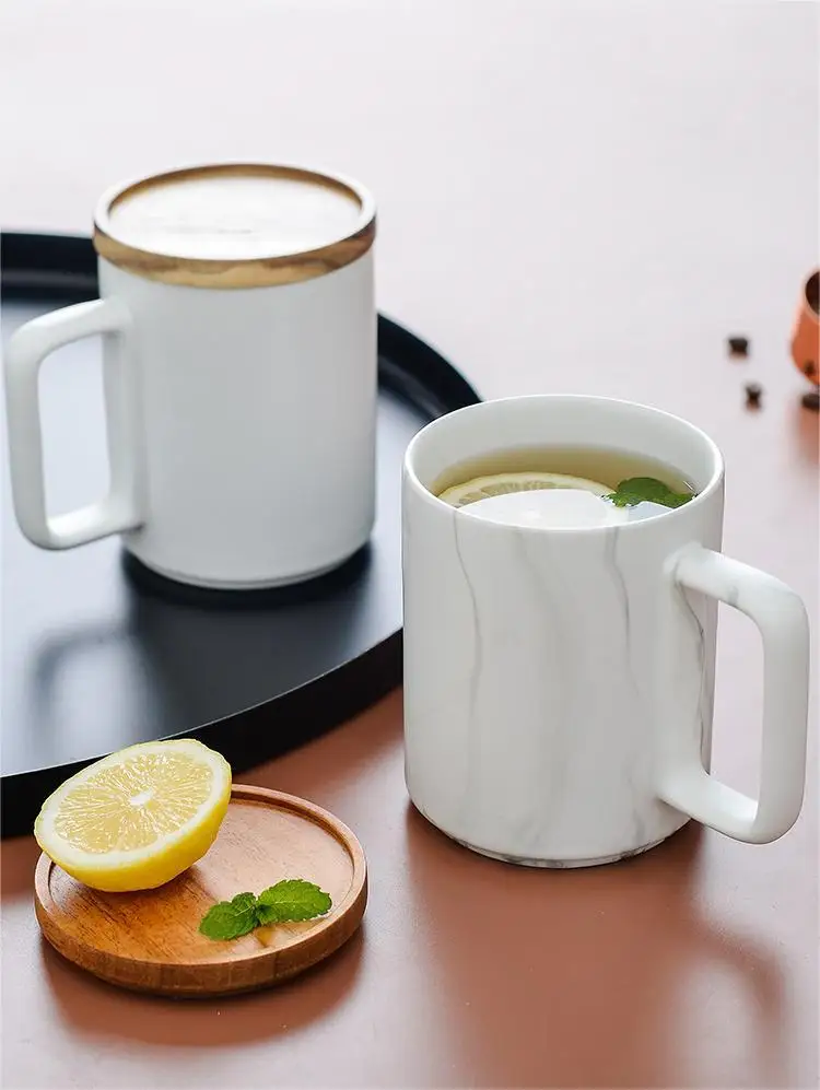 Custom Large 15oz Nordic Matte Black White Ceramic Coffee Mug with Wooden Lid Gift Box