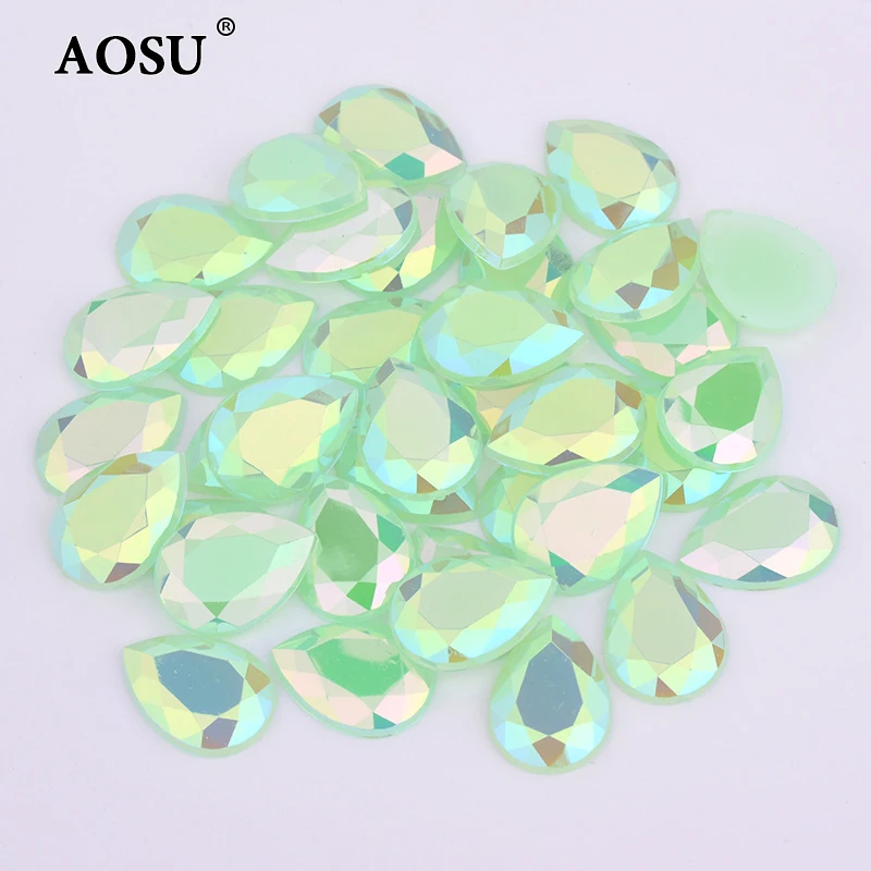 AOSU 13*18mm Acrylic Drop Stones Aquamarine AB Flatback Strass Neon Non Hotfix Crystals For Craft