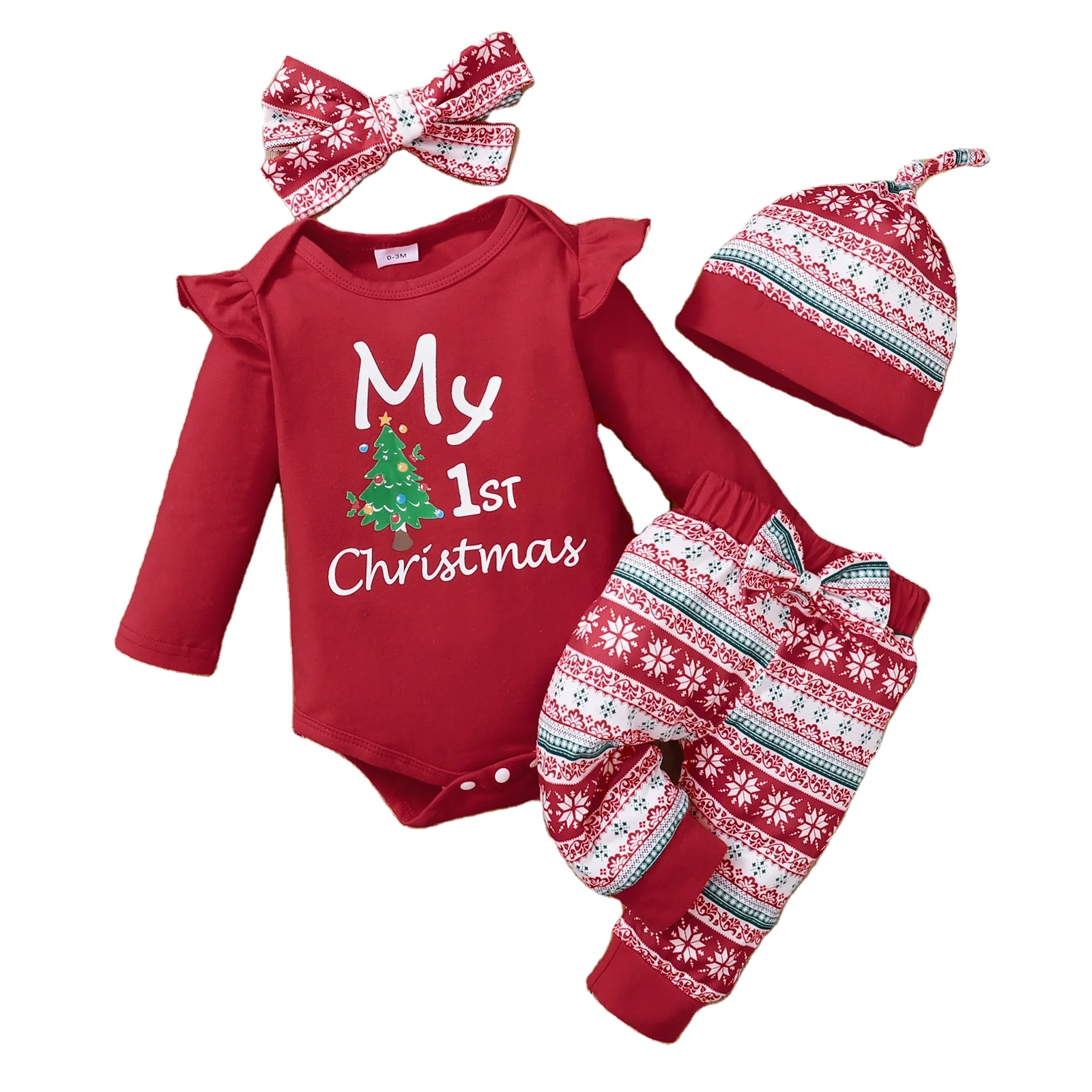 0-18 Months Girls Spring And Autumn New Baby Clothes Burst Christmas Letter Printed Top + Snow Pants Four-Piece Set A0981