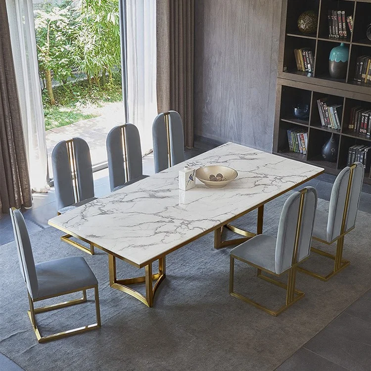 Modern luxury golden stainless steel marble top dining table set for dining room furniture