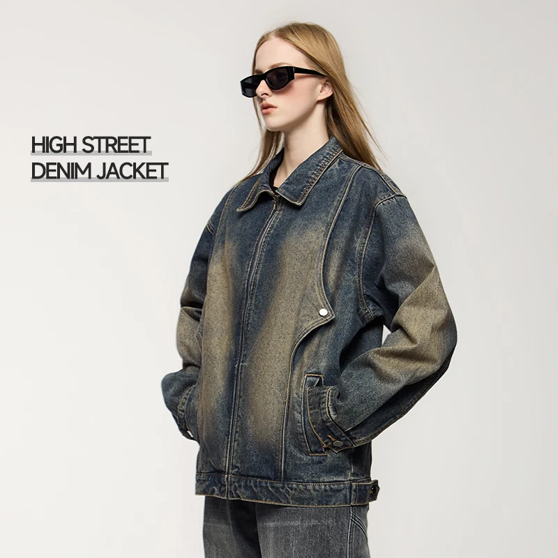 INFLATION High Street Designer Denim Jacket Zipper Double Layer Y2K Drop Shoulder jens Men Denim Jacket