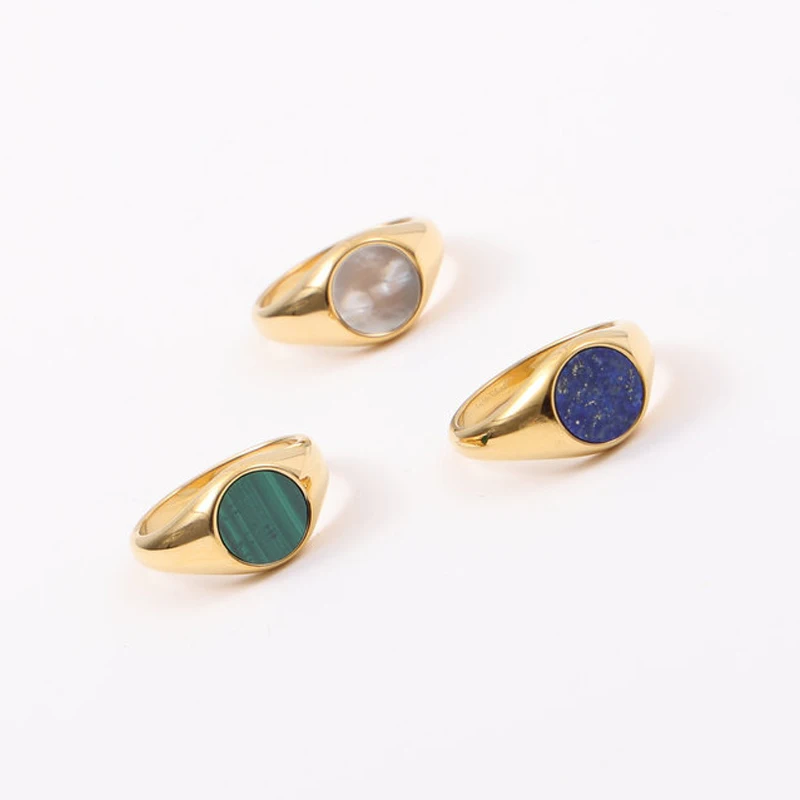 Natural Stone Ring Stainless Steel Rings Natural Green Malachite Blue Celestite Round Signet Rings Custom Jewelry for Women