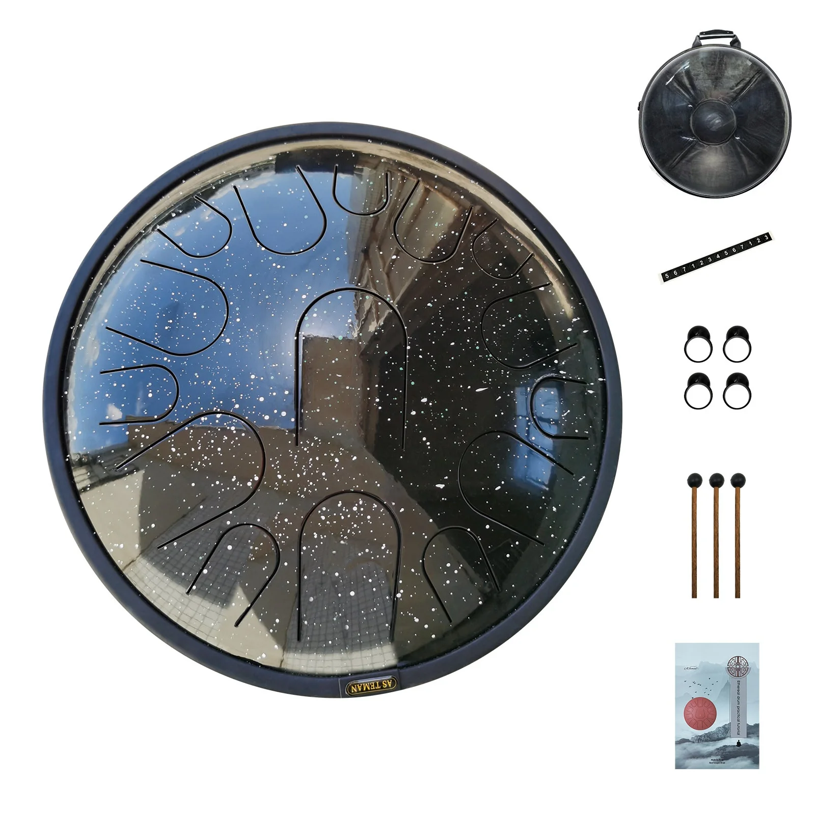 AS TEMAN hue drum  Starry steel Tongue Drum 14 inch 15 Notes Steel Drums Percussion Instrument with Bag+Music Book