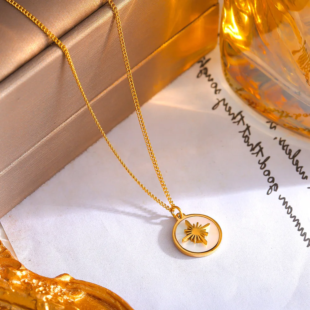 Carline Vintage Star Round Brand Freshwater Mollusk Stainless Steel Necklace Pendant 18K Gold Plated Custom Jewelry For Women