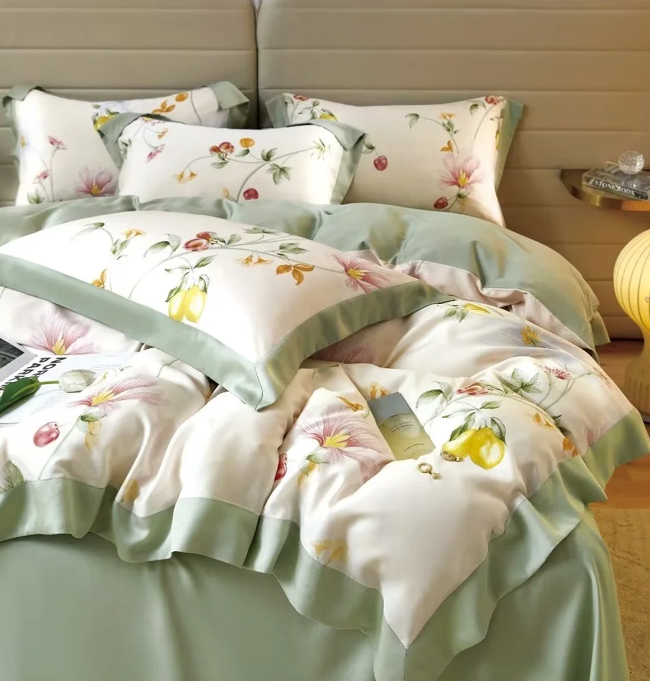 Skin-friendly naked sleeping 300T print Tencel Lyocell  spring and summer cooling silk bedding sheet sets duvet cover