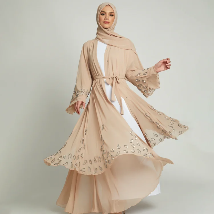 High quality turkish abaya muslim dress woman Crystal nude colour double chiffon open abaya
