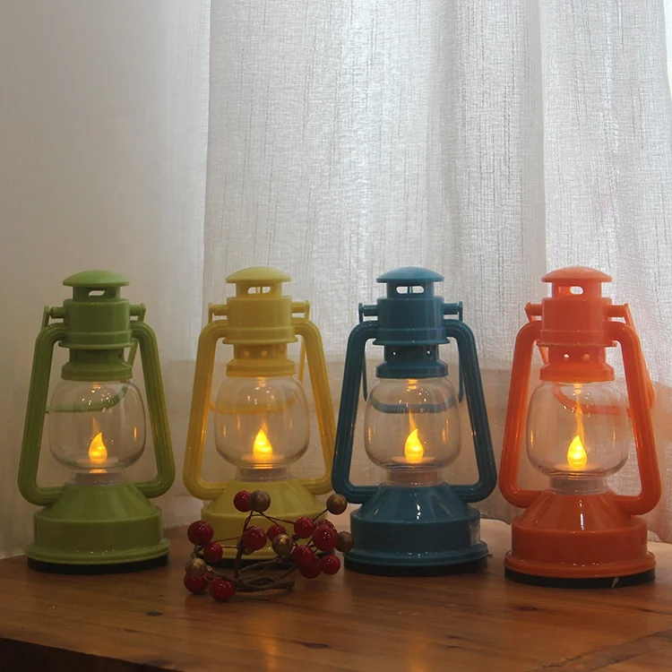 COLORFUL PLASTIC TINY HANGING OIL LANTERN, WITH LED TEA LIGHT INSIDE, BATTERY OPERATED