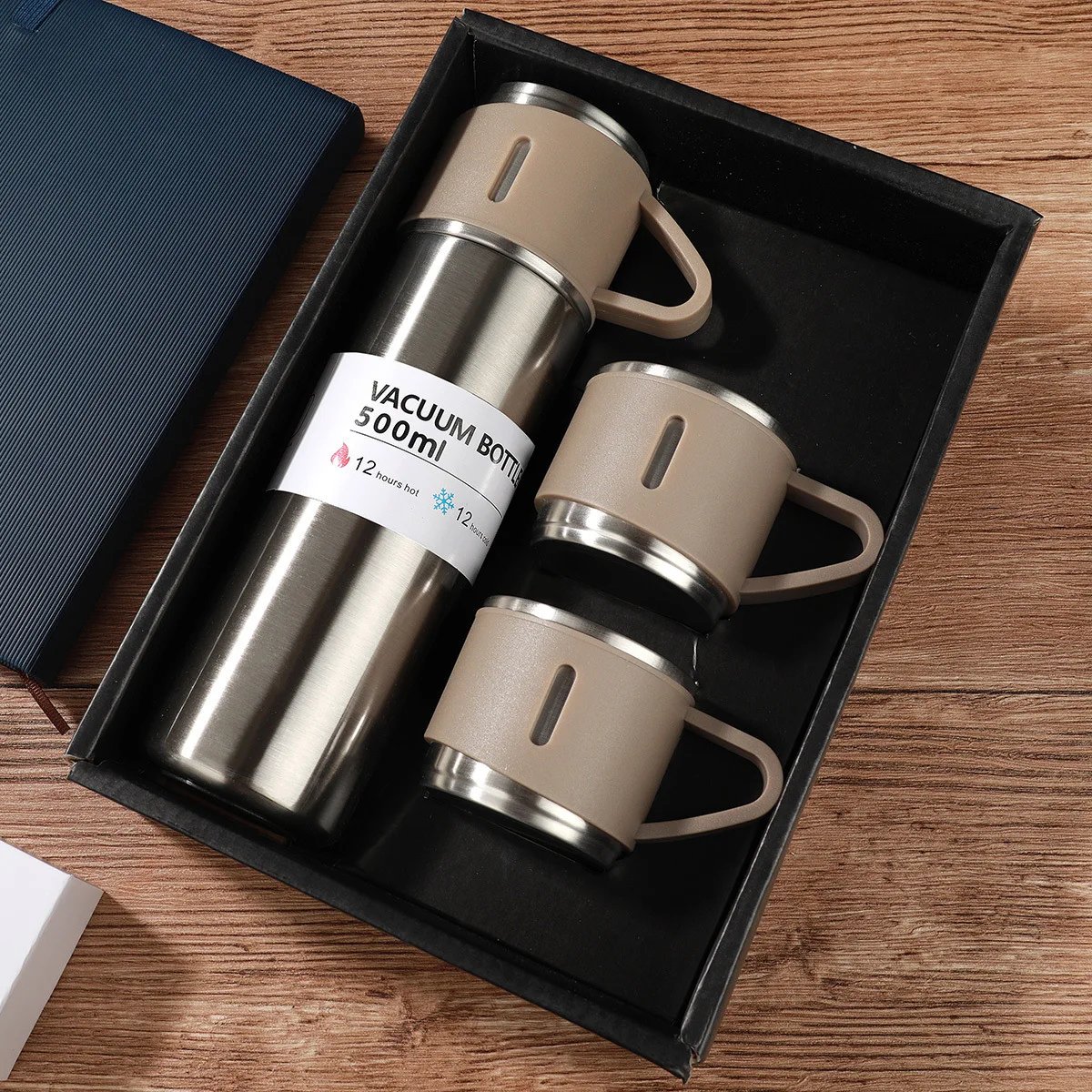 Wholesale Hot Thermos Stainless Steel Vacuum Flask Water Bottles Flask Gift Set With 3 Steel Cups And Press Button