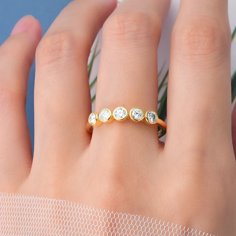 5 stone jewelry D Grade Bezel Set 3MM Moissanite 14K Gold plated 925 Sterling Silver Wedding Bands Ring for Women Girls