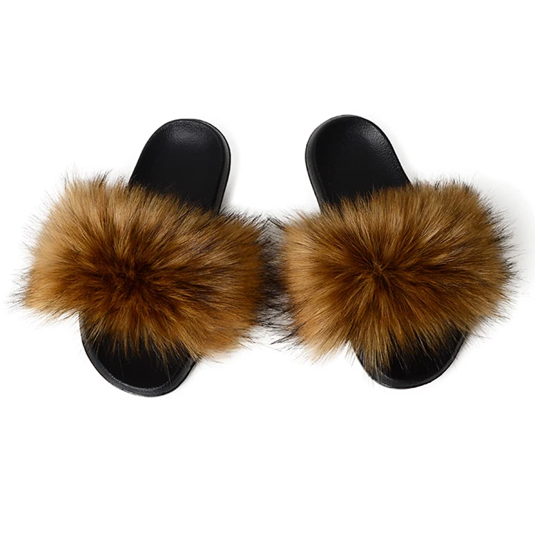 
Wholesale Faux Fur Slides Women Fur Slippers Furry Raccoon Sandals Fake Fox Fur Flip Flops Home Fuzzy Casual Plush Shoes 