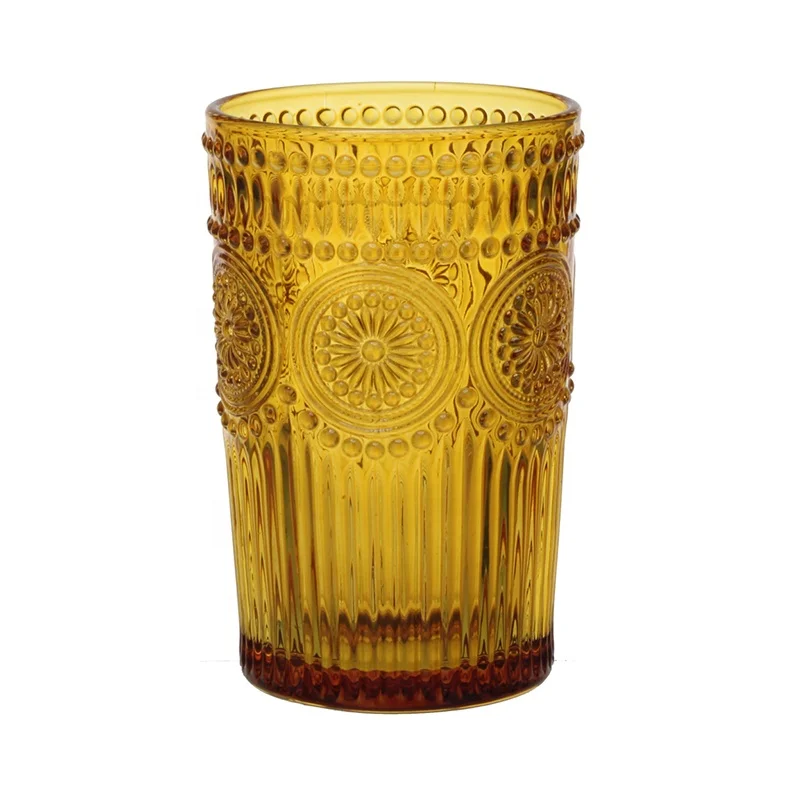 Telsen Factory Direct Sale Vintage Embossed Sun Flower Colorful Luxury Water Juice Drinking High Glass Cup