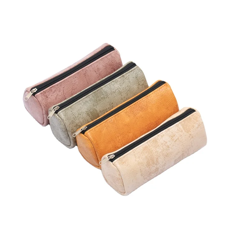 Promotion PU Pencil Pouch Student Wooden Pattern Make Up Bag Round Zipper Cosmetic Bag