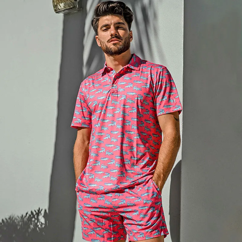 New style mens pink color crocodile print golf polo shirt high quality loose fit quick dry comfortable tshirt golf clothes