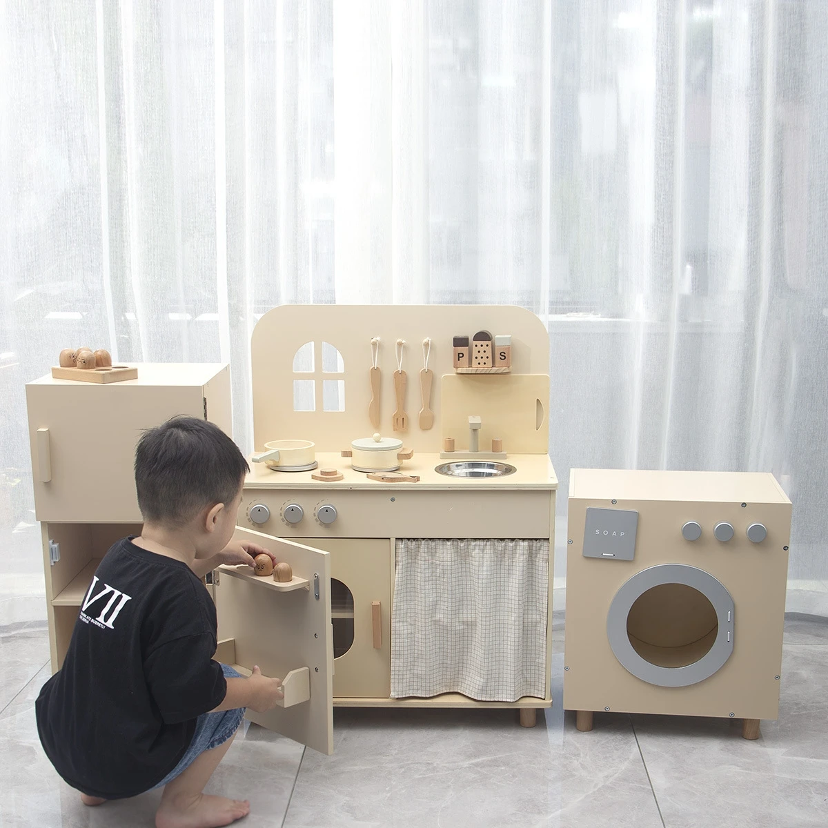 Modern kids mini kitchen toys real cooking wood kitchen sets for boys