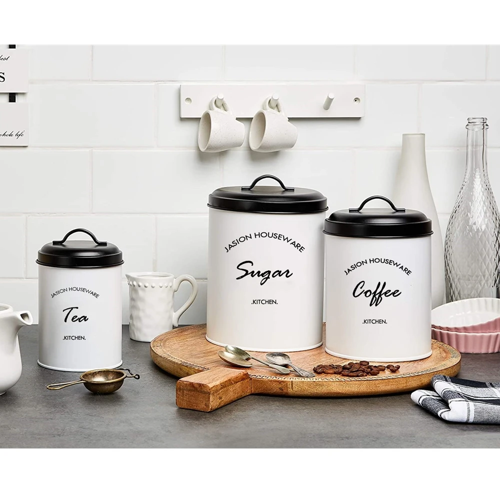 Custom Kitchen Snacks Storage Containers Set of 3 Metal Jar Tea Coffee Sugar Canisters Safe Food Storage Jars for the Kitchen