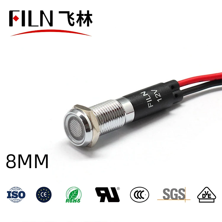FILN 8mm waterproof flat head 12v yellow green blue metal led emergency indicator light with cable