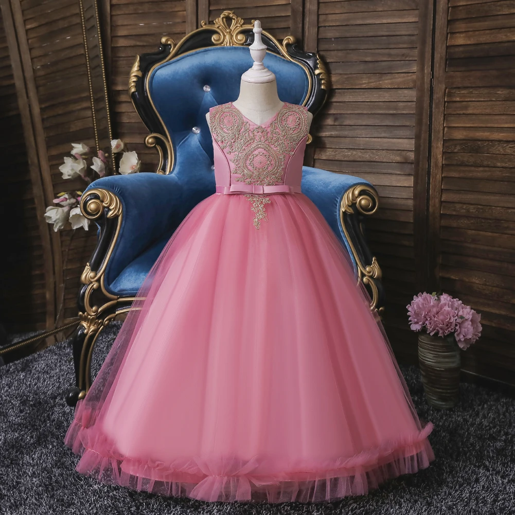 3-12 Years Red Kids Girls Princess Wedding Dress Embroidered Gown for Girls Multilayer Big Girl Dresses for Birthday Party