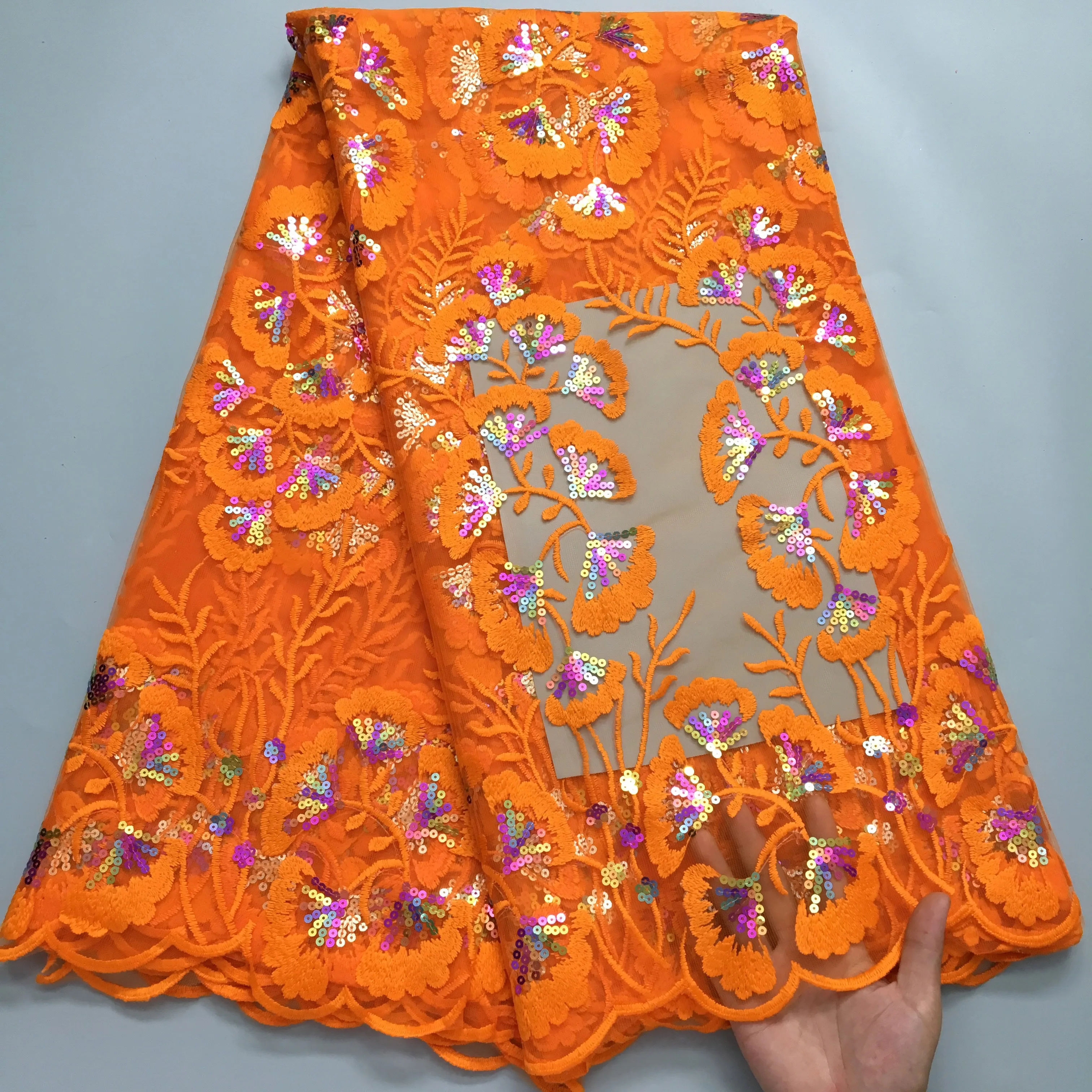 Orange African Tulle Mesh Lace Fabric 2024 French Embroidery NetSequined Lace Fabric for Nigerian Bridal Wedding Dresses 3724
