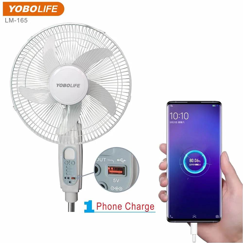 New Model LM-165 AC/DC Operated 16 Inch Rechargeable Stand Fan With LED Light USB Output Charging Solar Fan for Home
