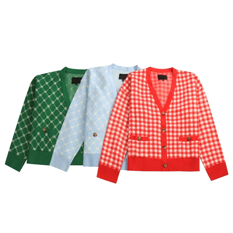 Qingzhihuo Knitwear Anti Pilling Core Spun Yarn Color Block Women Cardigan Custom Pullover Jacquard Sweater  Knitted Cardigan