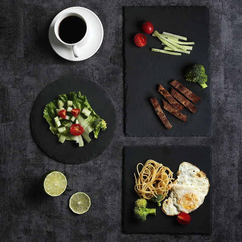 Rectangle Black Rock Plate Slab Round Natural Slate Dinner Plates Pasta Sushi Food Photography Props Serving Tray Cake Dishes pl