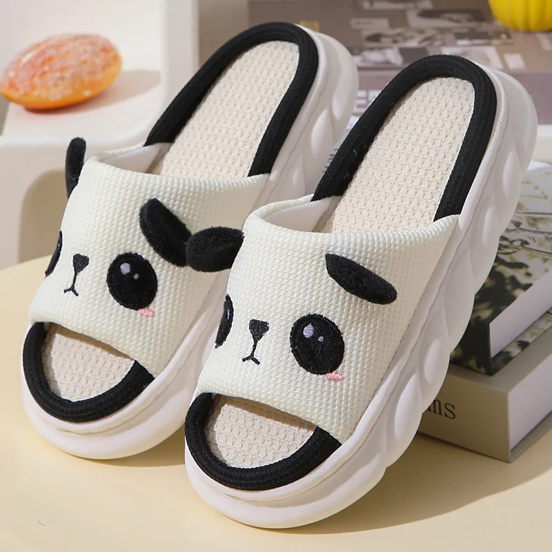 Cow panda linen open slippers home indoor cute floor comfortable platform men and women animal cloth