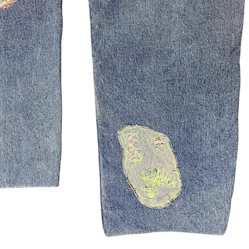 Fashionable Customized  Patches Embroidery Loose Straight Light Blue  Baggy Straight   pants Loose long Wide Leg Jeans