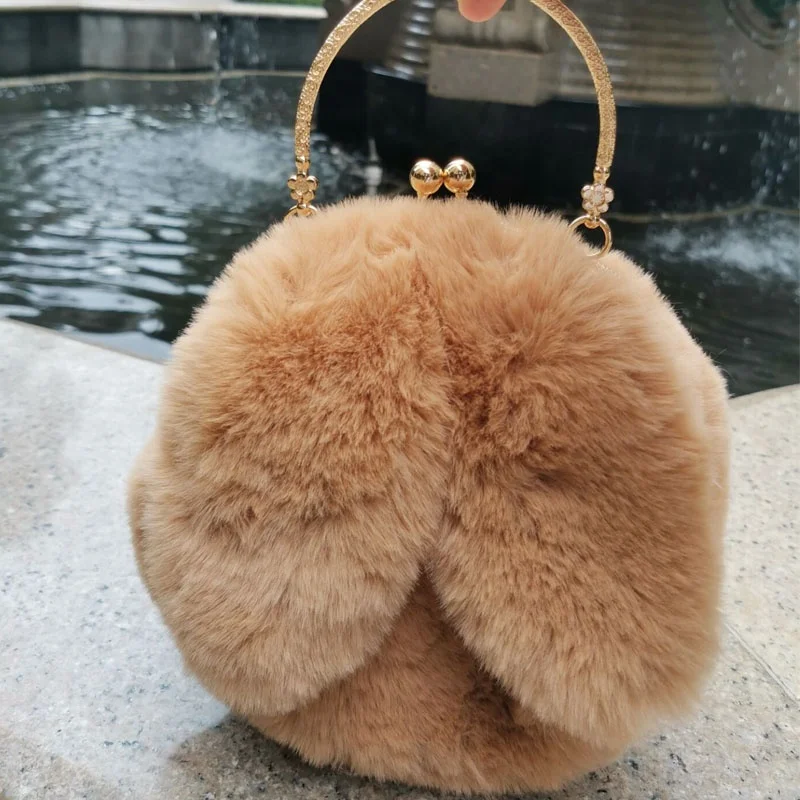 2022 Autumn Winter Plush Faux Fur Rabbit Ear Cute Crossbody Bags Chain Bags For Kids Promotion