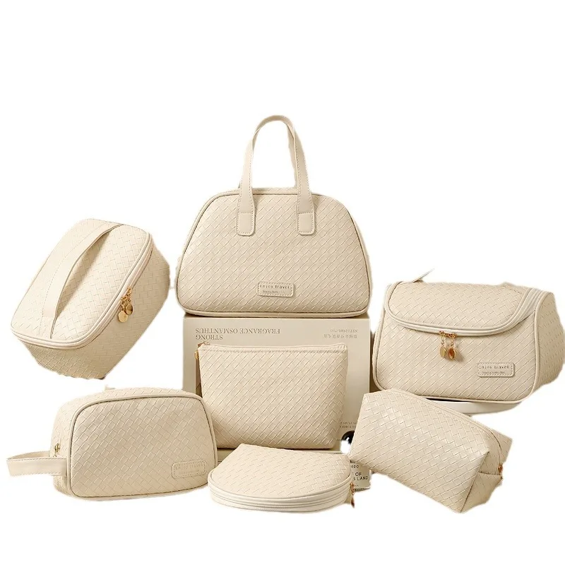 Portable travel PU woven pattern zipper makeup bag brown cosmetic bags