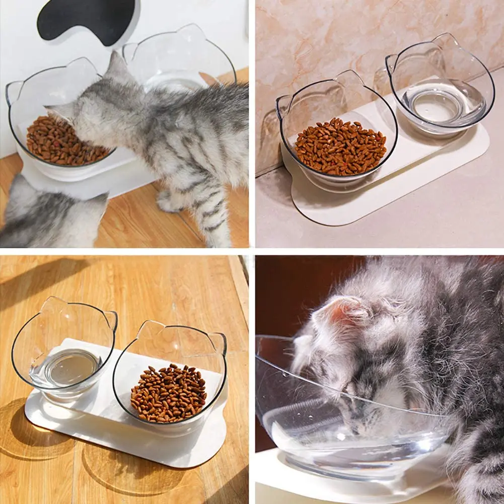 Double Elevated Cat Bowls with Raised Stand 15 Tilted cat Bowl Design Neck Guard Stand Raised Pet Food Water Feeder Bowl
